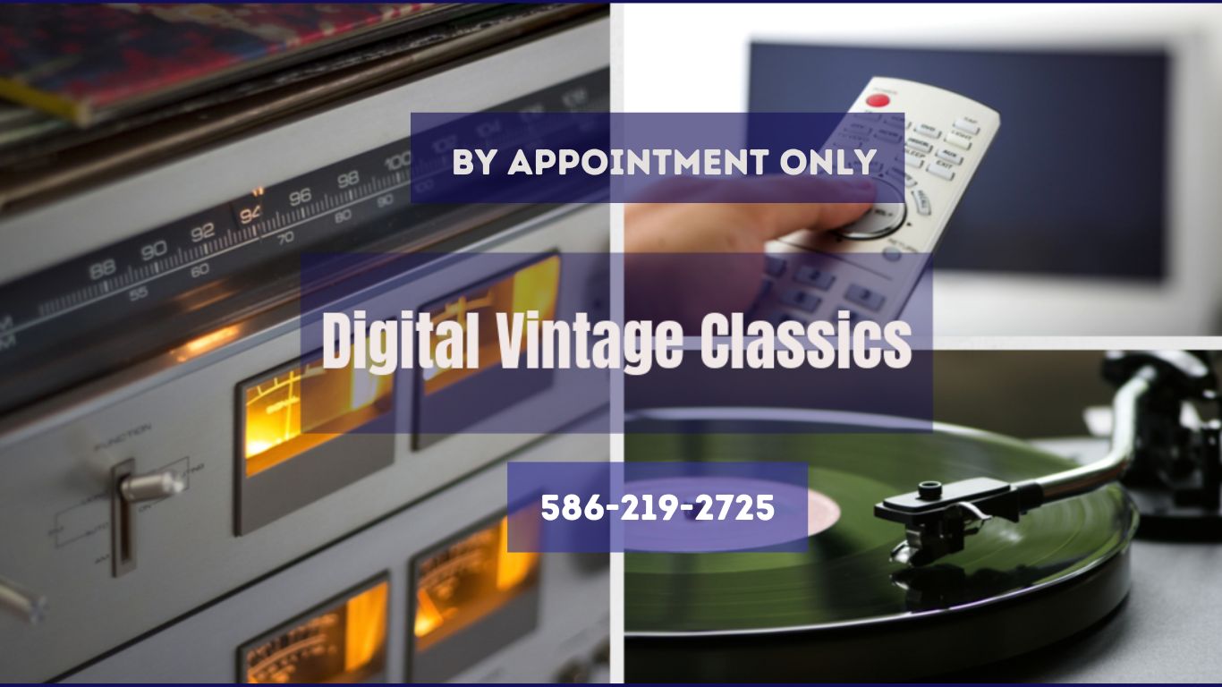 Vintage stereo receiver, turntable, and TV with remote, featuring the text 'By Appointment Only - Digital Vintage Classics' and phone number, showcasing home electronics repair services in Southeast Michigan