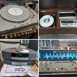 Photo collage showcasing 4 successful electronics repairs completed by Digital Vintage Classics, featuring restored vintage stereo equipment and modern electronics to highlight expert craftsmanship and quality service.